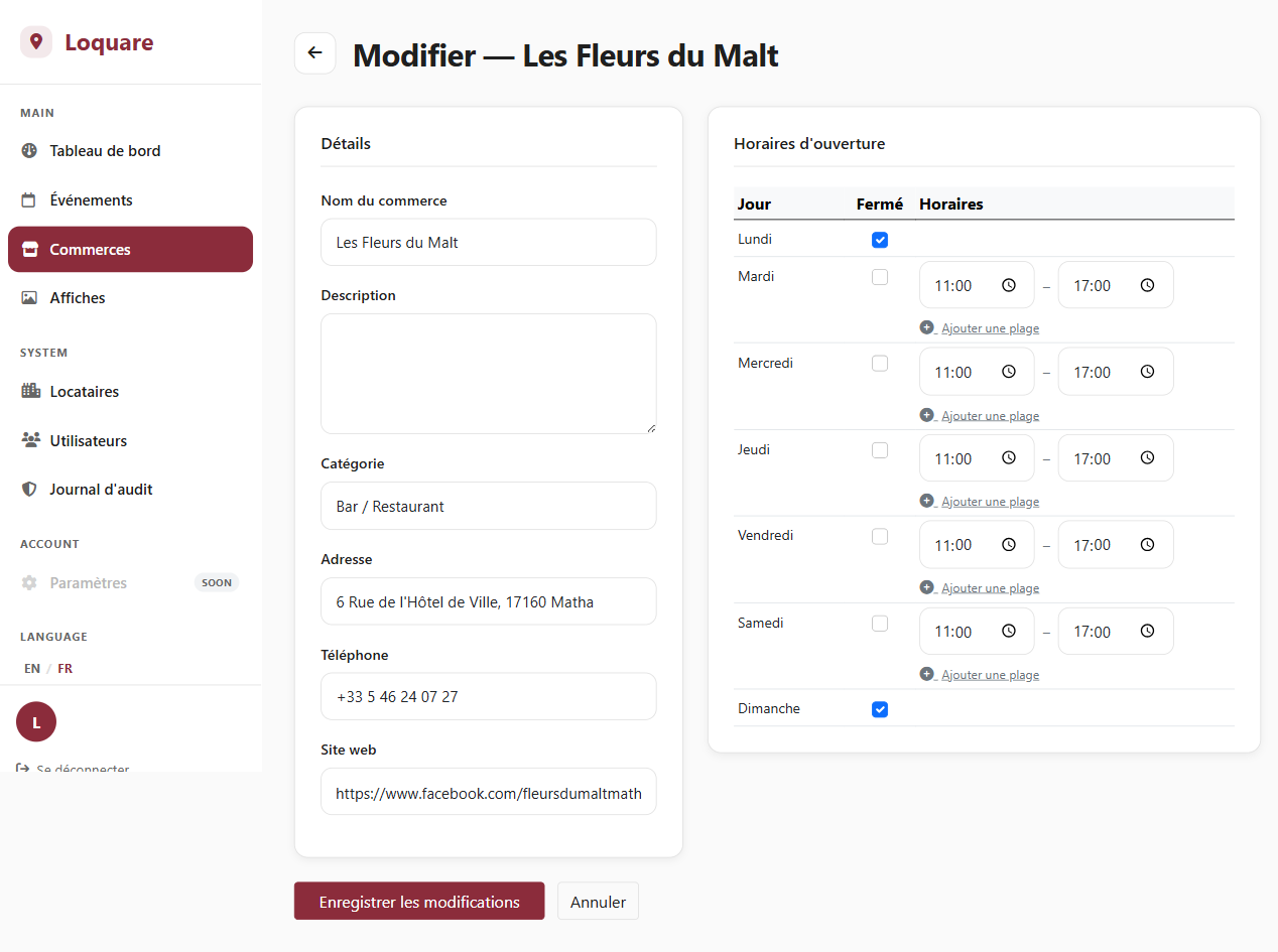 Gestion des horaires d'ouverture dans Loquare